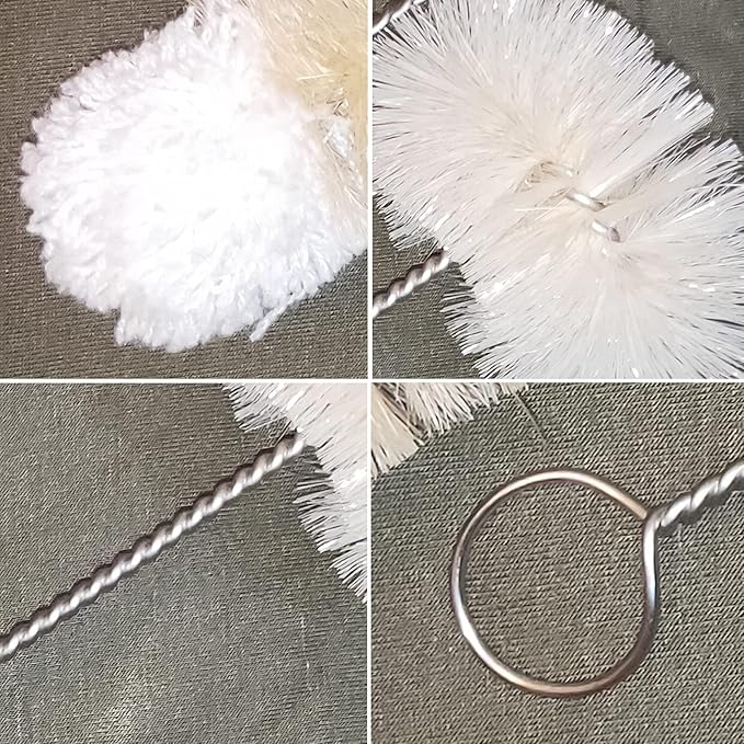 Bottle Brushes Thin Long Handle X 2, Skinny Wire Cleaner Set in Stainless Steel with Natural Boar Bristle at Wool Tip, Bendable Flexible for Cleaning Narrow Neck Bottles, Pipe, Tube, Hose