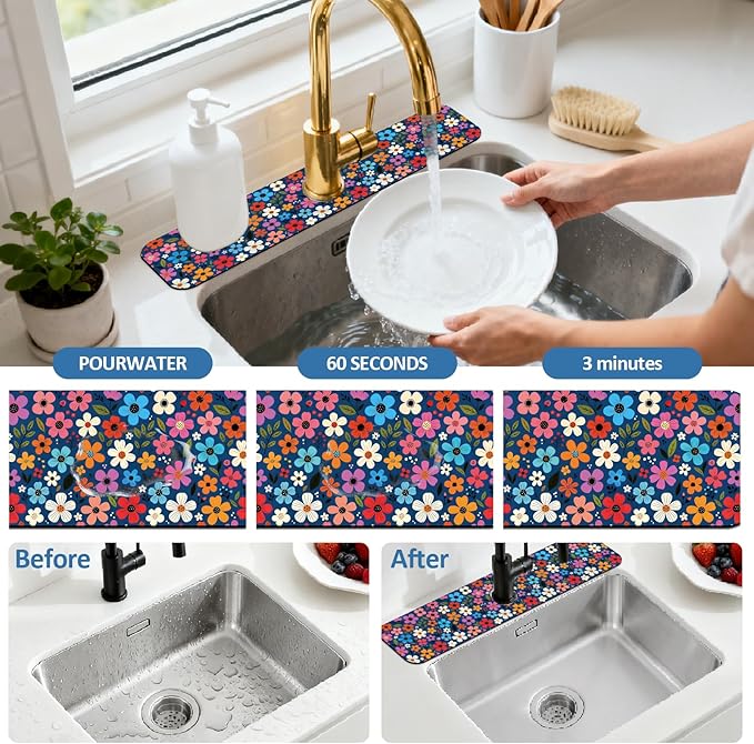 2 Pcs Floral Print Kitchen Sink Splash Guard Faucet Mat Plants Floral patterns Faucet Mat for Sinks Absorbing Drying Mats for Kitchen Bathroom, 23.6x5.5inch