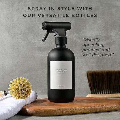 MAISONOVO Glass Spray Bottles 16 Oz Pack of 2 - Durable Black Spray Bottle with Fortified Glass & Fine Mist Pumps - Ideal for Salons, Barbers, Stylists, Pet Groomers & Daily Hair Care - 16 Labels