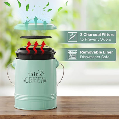 Barnyard Designs Compost Bin for Kitchen Counter - 1.2 Gallon Countertop Composter with Extra Smell-Absorbing Filters and Inner Bucket for Easy Cleaning - Food Waste Bin for Kitchen with Lid (Mint)