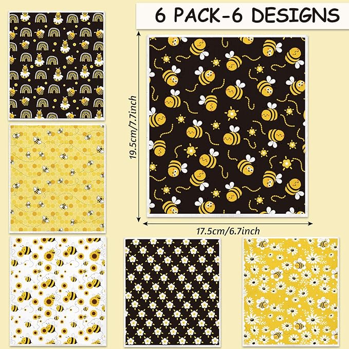 Whaline Bee Swedish Kitchen Dishcloth 6 Pack Bumble Bee Daisy Dish Towels Yellow Black Hand Drying Tea Towels Honeybee Cotton Dishcloth for Spring Summer Cooking Baking Cleaning Wipes, 6.7 x 7.7 Inch
