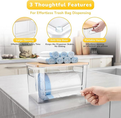 Trash Bag Dispenser Holder, 3-in-1 Laundry Detergent Dispenser Under Sink Organizer Box & Bamboo Lid, Clear Laundry Room Organization and Storage, Kitchen Garbage Bags Storage Container