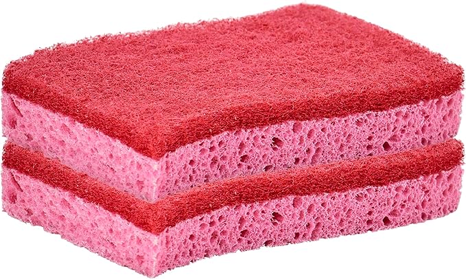 Non-Scratch Cellulose Sponge Kitchen Scrub Sponge with Scouring Pad Set, Good for Non-Stick Cookware Frying Pan, Pot, Counter Top, Sink Scrubbing, Kitchen Scrubbers, Pack of 2, (Red/Pink)