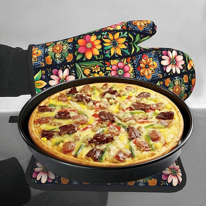Mexican Oven Mitts and Pot Holders - Colorful Flowers Kitchen Mitt Sets of 2 Boho Oven Gloves Hot Pads for Cooking Baking Grilling