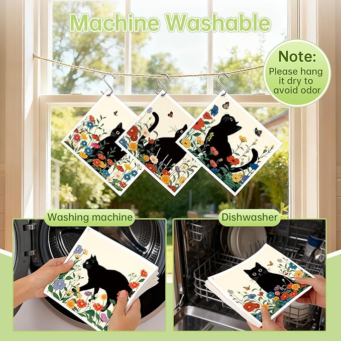 Black Cat Floral Flower Swedish Dishcloths for Kitchen, 5 Pack Reusable Paper Towels with 3 Hooks, Washable Dish Cloth Set, Absorbent Cleaning Cloth for Washing Housewarming Gifts for Friend