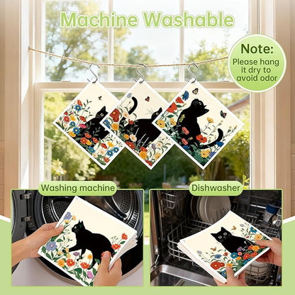 Black Cat Floral Flower Swedish Dishcloths for Kitchen, 5 Pack Reusable Paper Towels with 3 Hooks, Washable Dish Cloth Set, Absorbent Cleaning Cloth for Washing Housewarming Gifts for Friend