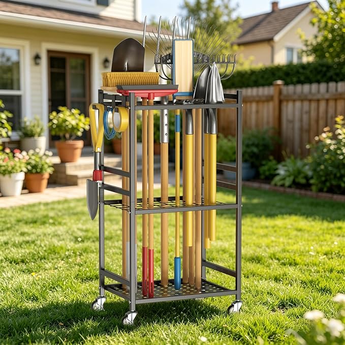 Heavy Duty Garden Tool Rack with Wheels Freestanding Organizer Holds Up to 40 Long Tools – Rakes, Shovels, Brooms, Metal Yard Tool for Garage, Shed & Outdoor Storage, Black
