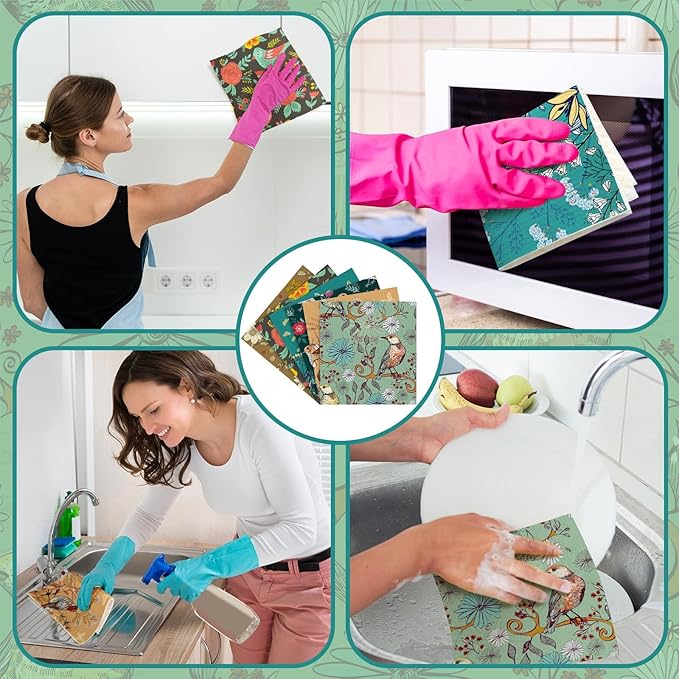 Sunnyray 12 Pcs Swedish Kitchen Dish Towels Dishcloth Reusable Sponge Cleaning Cloth Kitchen Towels Absorbent Washable Dish Cloth Drying Hand Towel (Bright Color,Bird)
