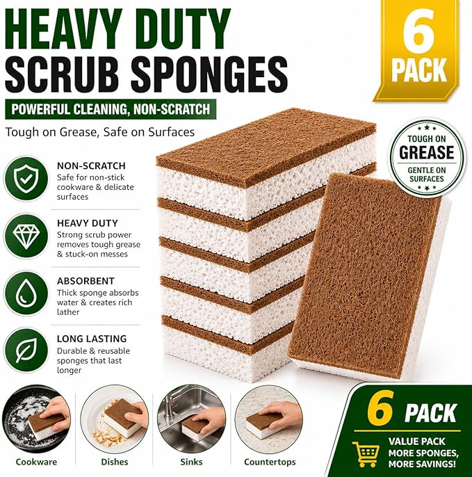 Heavy Duty Scrub Sponges for Dishes – Non-Scratch Kitchen Sponges, Tough on Grease, Safe for Nonstick Cookware, Multi-Purpose Cleaning Sponge (6 Pack)