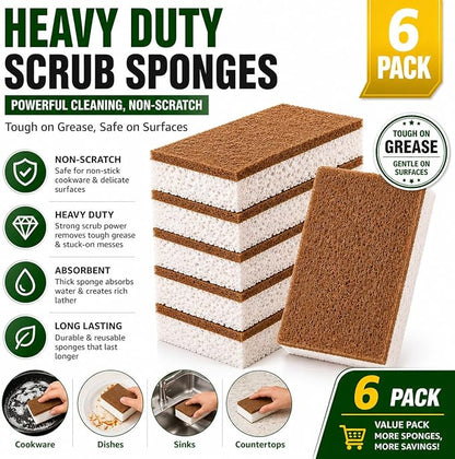 Heavy Duty Scrub Sponges for Dishes – Non-Scratch Kitchen Sponges, Tough on Grease, Safe for Nonstick Cookware, Multi-Purpose Cleaning Sponge (6 Pack)