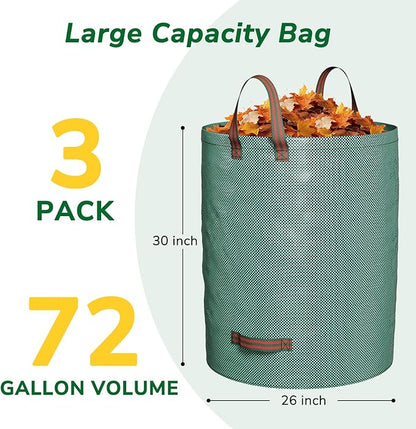 GreatBuddy 72 Gallon Leaf Bags Reusable 3 Pack, Heavy Duty Collapsible Lawn and Leaf Bag, Self-Standing with Top & Bottom Handles, PP Waterproof Yard Waste Bags for Leaves Grass Clippings Debris