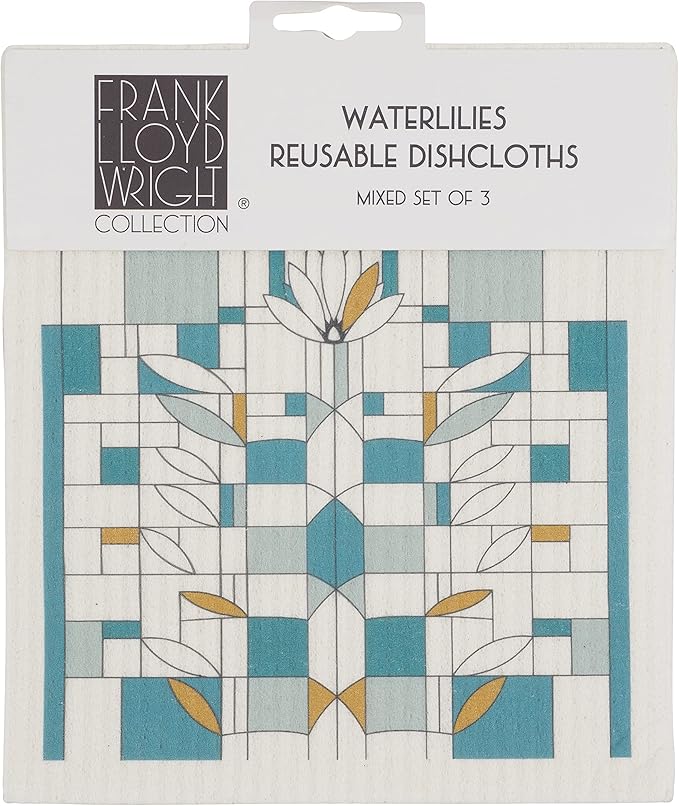 KAF Home Frank Lloyd Wright Swedish Dish Cloths (6.7 x 7.5-inch) - Set of 3 Reusable, Absorbent Cellulose Sponge Towels for Kitchen, Cleaning Counters, and Washing Dishes (Water Lilies)