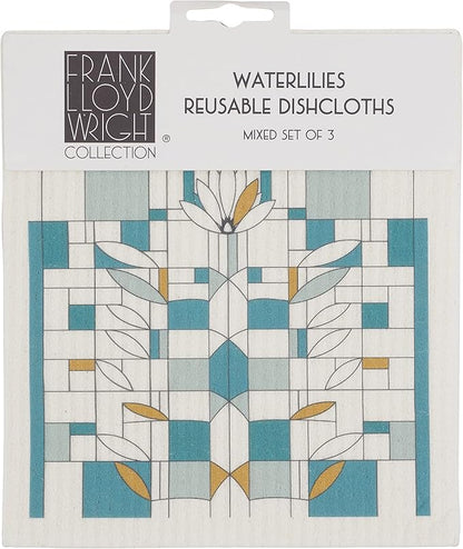 KAF Home Frank Lloyd Wright Swedish Dish Cloths (6.7 x 7.5-inch) - Set of 3 Reusable, Absorbent Cellulose Sponge Towels for Kitchen, Cleaning Counters, and Washing Dishes (Water Lilies)