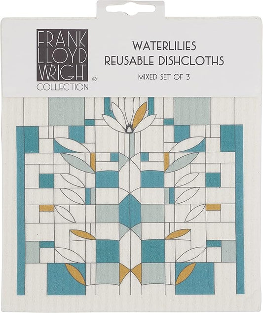 KAF Home Frank Lloyd Wright Swedish Dish Cloths (6.7 x 7.5-inch) - Set of 3 Reusable, Absorbent Cellulose Sponge Towels for Kitchen, Cleaning Counters, and Washing Dishes (Water Lilies)