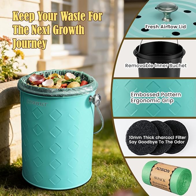 AOSION Countertop Compost Bin Kitchen,Odorless Indoor Compost Bin with Lid,Farmhouse Composter Container for Food Waste,Includes 2 Carbon Filters, Small Compost Bucket,Trash Bags (Modern, Light Green)