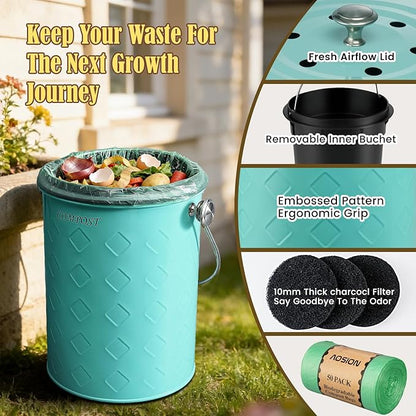 AOSION Countertop Compost Bin Kitchen,Odorless Indoor Compost Bin with Lid,Farmhouse Composter Container for Food Waste,Includes 2 Carbon Filters, Small Compost Bucket,Trash Bags (Modern, Light Green)
