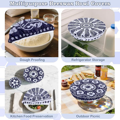 5-Size Reusable Beeswax Bowl Covers for Bread Proofing, Cotton Cloth Flexible Beeswax Wraps for Food Storage(Blue Lily)