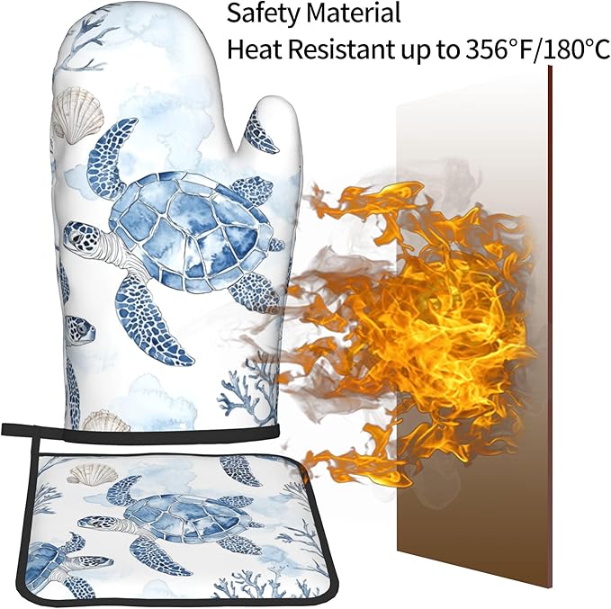 Navy Blue Ocean Sea Turtle Oven Mitts and Pot Holders Sets of 2 Summer Gift for Cooking Enthusiasts Coastal Beach Nautical Coral Kitchen Gloves for Baking BBQ Cooking Grilling Decor