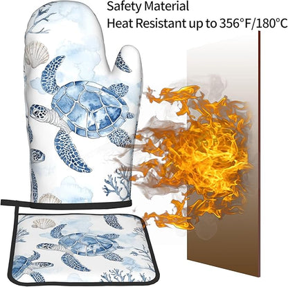 Navy Blue Ocean Sea Turtle Oven Mitts and Pot Holders Sets of 2 Summer Gift for Cooking Enthusiasts Coastal Beach Nautical Coral Kitchen Gloves for Baking BBQ Cooking Grilling Decor