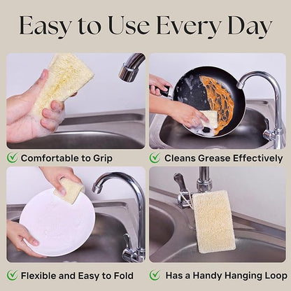 Loofah Sponge for Dishes – 2-in-1 Natural Dish Sponges, Pack of 4, Made with Loofah & Cellulose, Plastic-Free, Biodegradable, Fast-Drying, Non-Scratch & Hygienic