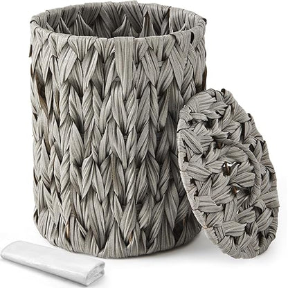 Ctosree 1.3 Gallons Small Trash Can with Lid Handle Boho Woven Braided Bathroom Waste Basket Trash Can with 100 Garbage Bags for Bedroom Office Laundry(Grey, Braided Polypropylene)