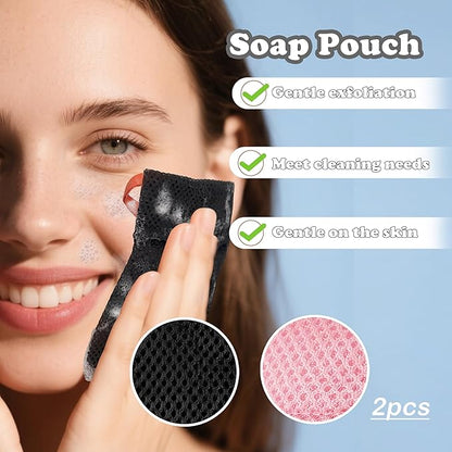 Bar Soap Bags Savers, Exfoliating Foaming Japanese Washcloth Pouch, Body Scrubbers for Shower, 2 Pack, Black+Pink (Gentle Roughness)