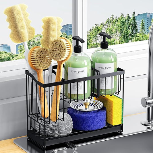 Kitchen Sink Caddy, 2-Tier Self-Draining Sponge & Dish Brush Holder, Rustproof 304 Stainless Steel Space-Saving Organizer with Drying Tray, Black