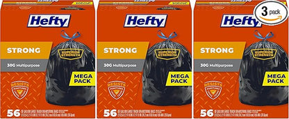 Hefty Strong 30 Gallon Trash Bags, Large Trash Bags 30 Gallon Size, Durable Drawstring Enclosure, Resists Punctures, Leaks, and Tears, Black, Unscented, 56 Bags (Pack of 3)