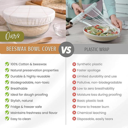 Nectar & Nest Reusable Bowl Covers for Bread Proofing - Beeswax Bowl Covers Reusable, 100% Organic Cotton, Elastic Cover for Sourdough, Dough Proofing and Food Storage, Compostable