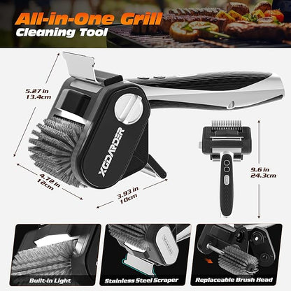 Electric Grill Brush for Outdoor Grill, Rechargeable BBQ Grill Cleaner Stainless Steel Brush with 450RPM Stainless Roller,LED Light, Scraper,Grilling Gifts for Men/Dad