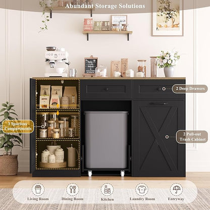 HOSTACK 12.5 Gallon Kitchen Trash Cabinet, 47" Double Trash Can Cabinet, Large Pull Out Can Storage Drawers, Wood Farmhouse Hidden Garbage Storage Buffet for Kitchen, Dining Room, Black