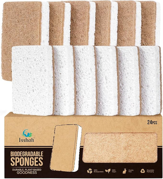 Isshah Plant-Based Kitchen Sponges - Natural, Eco-Friendly, Biodegradable Sisal Hemp Sponges for Dishes, Cleaning Sponge for Kitchen, Bathroom, Household - 24 Count