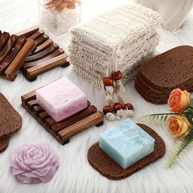 Baderke 36 Pcs Soap Saver Set for Packaging Gift Including Wooden Dish Holder Exfoliating Bag with Drawstring Soap Pads for Mother's Day Bar Wedding Baby Shower Homemade Gift(Brown Color)