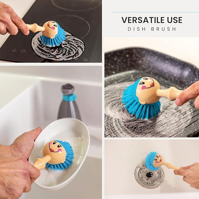 Vigar Dolls Dish Brush with Handle and Holder - Dish Scrubber Brush for Dishes and Pans, Kitchen Scrub Brush, Dishwashing Brush for Kitchen Sink Cleaning, Cute Standing Dish Brush Design - Gray, Blue