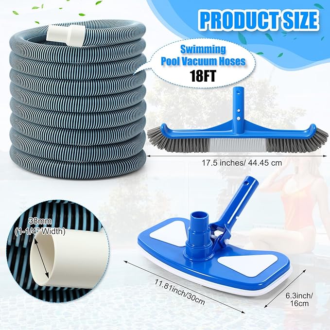 3 Pcs Pool Cleaning Kit Swimming Pool Vacuum Head Hoses 1-1/2" x 30ft with Swivel Wheel Vacuum Head and 14 '' Brush for Inground & Above Ground Pools Spas Ponds Cleaning Manual(Classic)