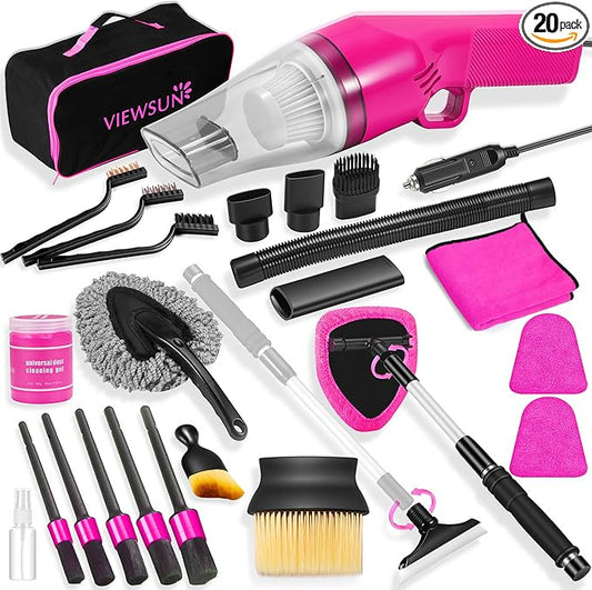 20PCS Pink Car Cleaning Kit, Car Interior Detailing Kit with Red High Power Handheld Vacuum, Detailing Brush Set, Windshield Cleaner, Cleaning Gel, Complete Auto Accessories for Women