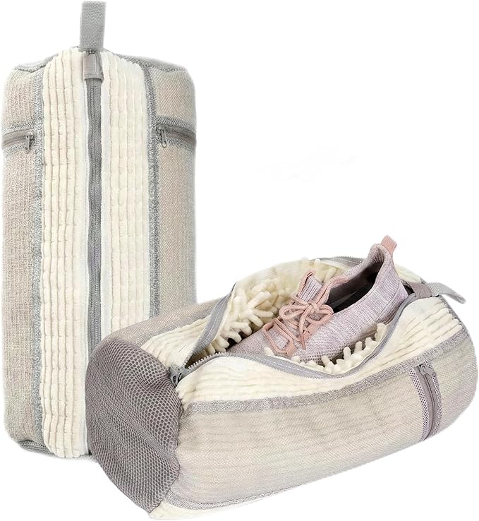 Shoe Washing Machine Bag, 2 Pcs Reusable Laundry Shoe Bag for Washer and Dryer, 360 Deep Cleaning Sneaker Washing Bag with Zipper, Mesh Pockets and Hanging Strip, Fits All Shoe Types & Sizes, Cream
