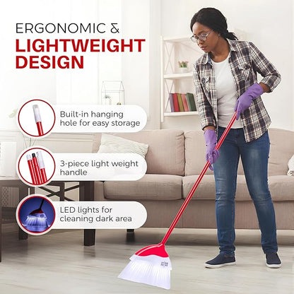 Indoor Broom with LED Lights | Angle Broom for Dark Corners & Low Light Areas | Soft Bristle, Adjustable Long Handle | Floor Sweeper for Kitchen, Room, Office & Garage (White)