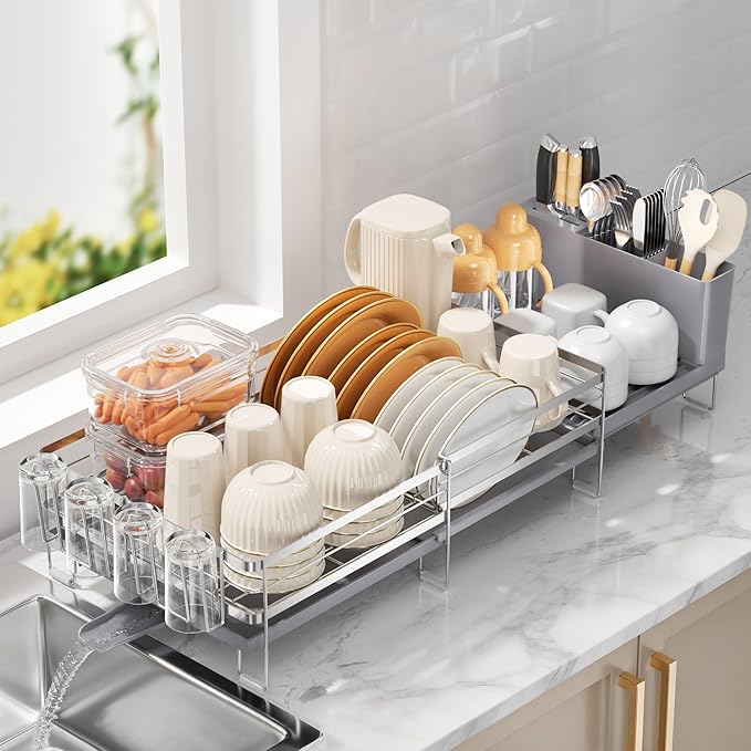 Delamu Stainless Steel Dish Drying Rack, Expandable Dish Drainer, Anti-Rust Large Dish Racks for Kitchen Counter, Dish Strainers with Drainboard, Utensil & Cup Holder, 13.4"-28.7" L x 11.8" W, Grey