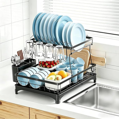 Simple Trending Dish Drying Rack, Stainless Steel Dish Racks for Kitchen Counter, Large Capacity 2-Tier Dish Drainer Organizer with Utensil Holder, Black
