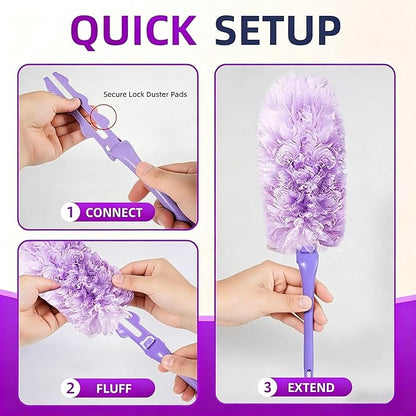 Duster Refills Compatible with Swiffer, 20 Count with 2 Handles, Heavy Duty 360° 4X Microfiber Stay-On Pads, Unscented Disposable Duster for Home Pet Hair Blinds Ceiling Fans Cleaning