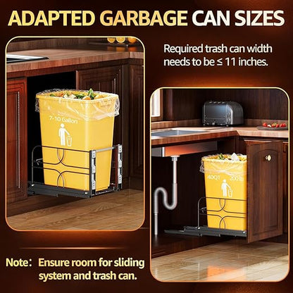 Pull Out Trash Can Under Cabinet with Soft-Close Slides, Heavy-Duty 200LB Black Under Sink Trash Can Organizer for Kitchen, Fits Minimum Cabinet Opening 12" W x 17" D, Garbage Can Not Included