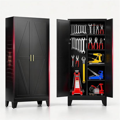 71" H Metal Garage Storage Cabinets,Broom Closet Storage Cabinet,Utility Cabinet,Black Storage Cabinets