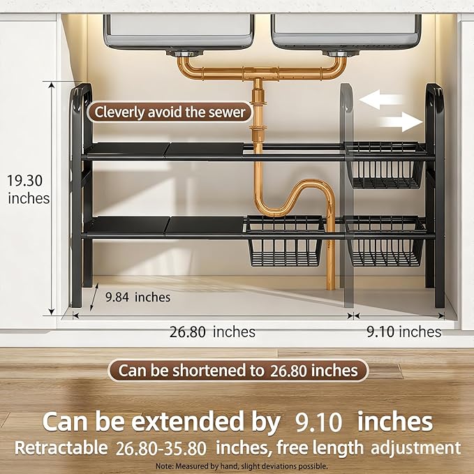 Expandable Under Sink Organizer 26.8 to 35.8 Inches Wide, 2 Tier Carbon Steel Storage Rack for Double Sink Cabinet, P-Trap and Garbage Disposal Friendly, No Tools Required (White)