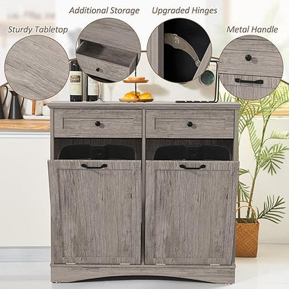 AHB Double Tilt Out Trash Can Cabinet Freestanding Kitchen Trash Can, 2x13 Gallons Hidden Garbage Recycling Cabinet with Hideaway Drawers Pet Proof Trash Can Holder for Kitchen, Grey