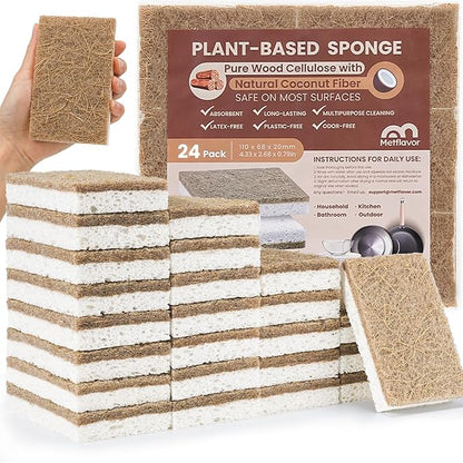 Metflavor 24 Pack Natural Kitchen Sponges, Biodegradable Non-Scratch Cellulose Sponge with Coconut Scrubber for Dishes, Compostable, Non Toxic Cleaning Sponges for Kitchen, Bathroom, Household