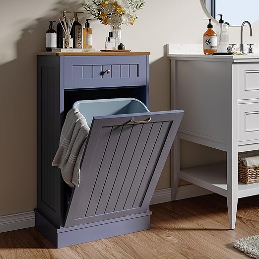 LOUVIXA Tilt Out Trash Can Cabinet, Hidden Trash Cabinet with Drawer, Wooden Dog Proof Trash Can Holder, Tilt Out Laundry Hamper, Garbage Can Holder (Gray-Blue)