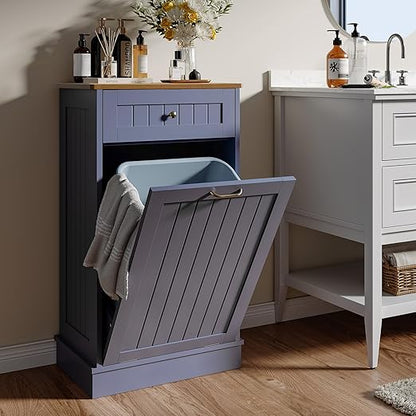 LOUVIXA Tilt Out Trash Can Cabinet, Hidden Trash Cabinet with Drawer, Wooden Dog Proof Trash Can Holder, Tilt Out Laundry Hamper, Garbage Can Holder (Gray-Blue)
