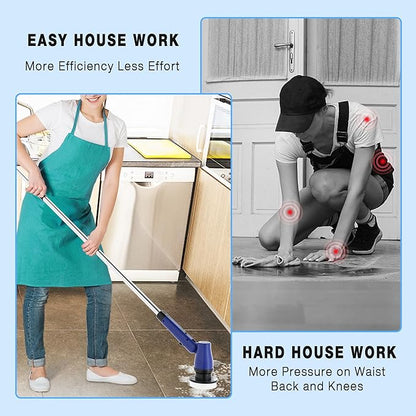 KEROMEE Electric Spin Scrubber Cordless Bathroom Scrubber with Adjustable Long Handle, 2 Speeds Power Cleaning Brush with 7 Replaceable Brush Heads for Bathtub, Tile, Floor (Blue)