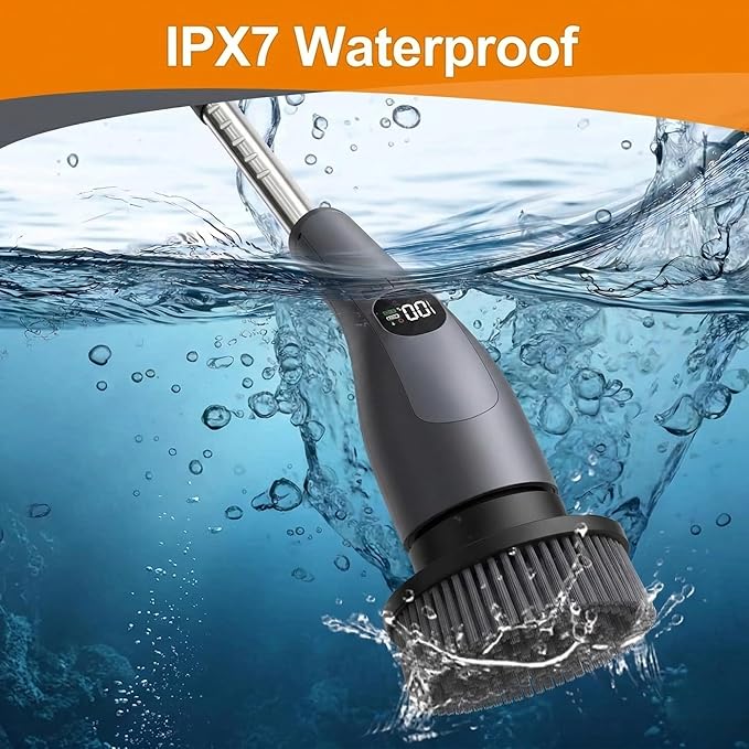 LIVINGPRO Electric Spin Scrubber with LCD Display, Cordless Clearning Scrubber for Home, Upgraded 70W High-Power Motor, IPX7 Waterproof Dual Speed Power Scrubber, 7 Brush Heads, Extendable Long Handle